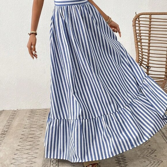 Blue and White Sexy Women's Vacation Striped Print Cut Out Ruffle Hem One Piece - Picture 4 of 5